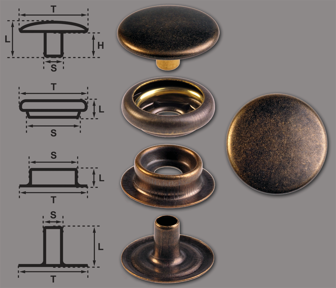 Ringfeder-Druckknöpfe F3 15.5mm aus Messing (nickelfrei), Finish:  messing-antik